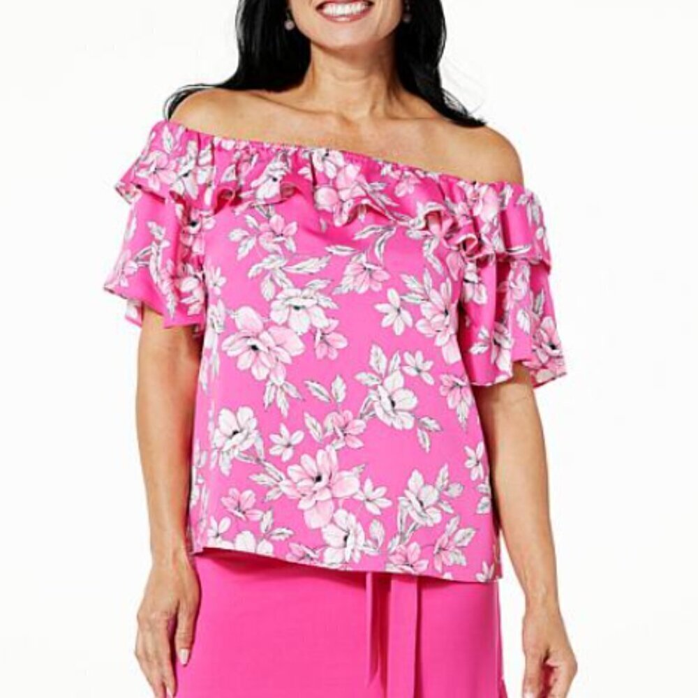 C Wonder Black White Floral Off Shoulder Plus Size 1X